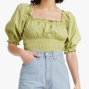 Levi's Tilly Smocked Cropped Blouse Short Puff Sleeves Women's Green Top Size M